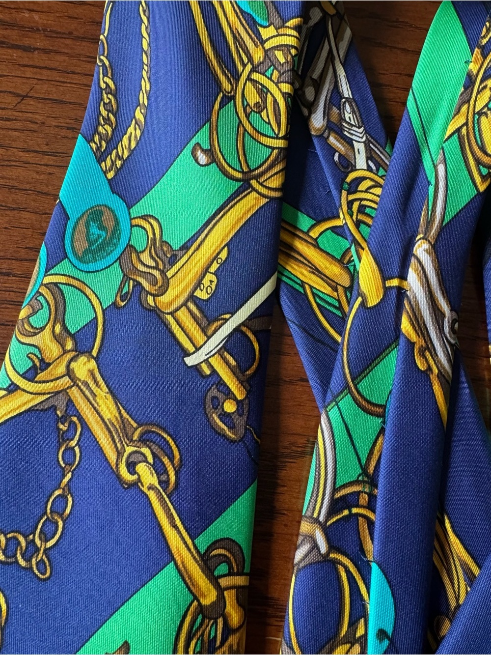 Hermes Paris 100% Silk Neck Tie Green Gold Equestrian Bit Chain Horse - Picture 4 of 7